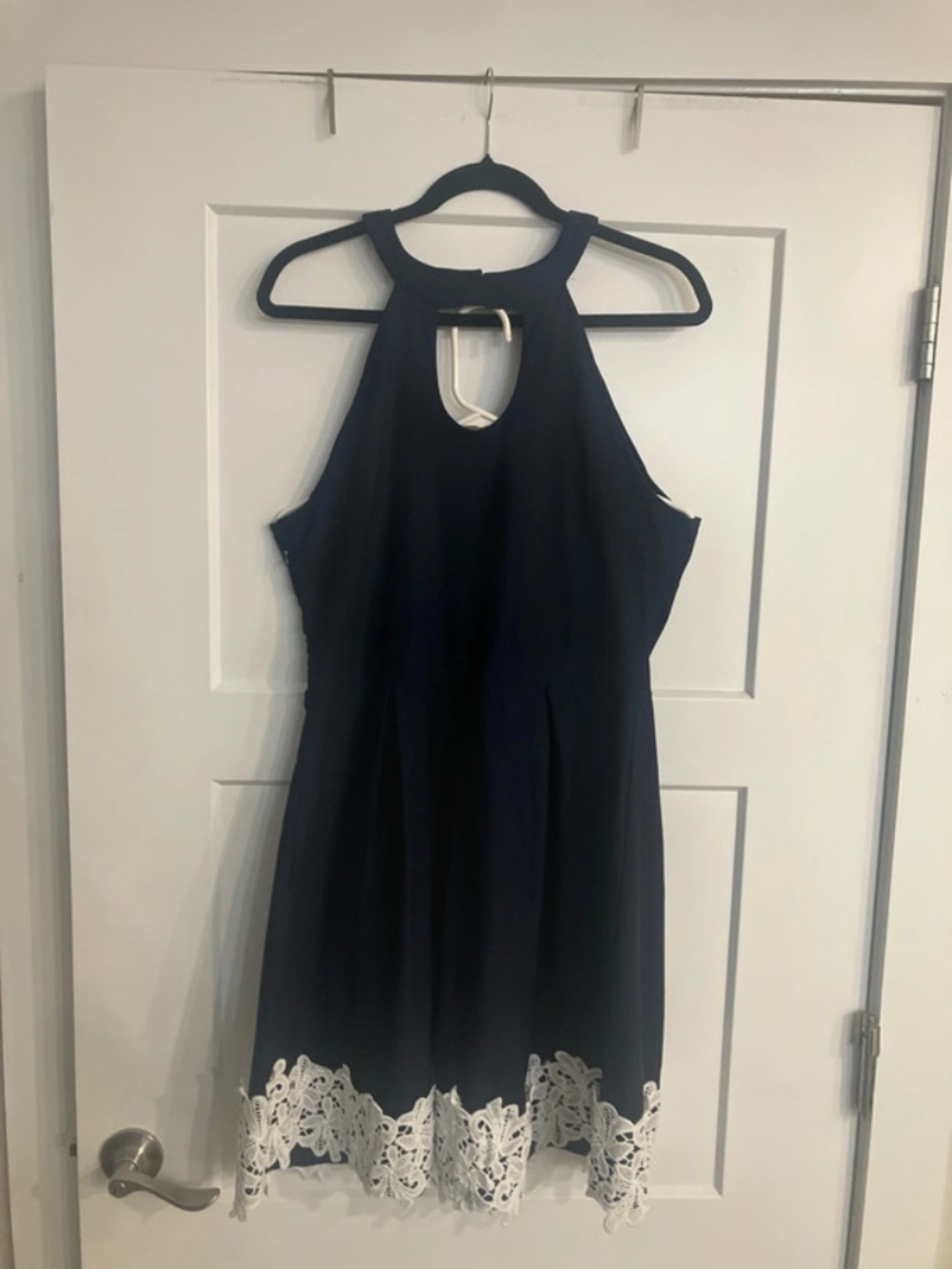 Navy Halter Midi Dress with White Lace Hem